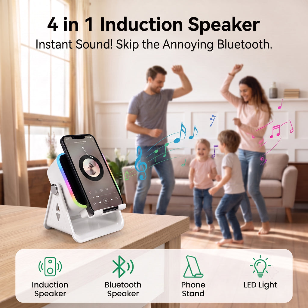 4-in-1 Induction & Bluetooth Speaker with Phone Stand – RGB LED, 360° Rotation, Place & Play