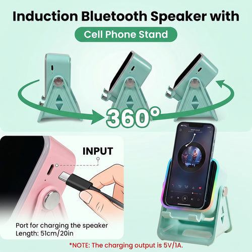 4-in-1 Induction & Bluetooth Speaker with Phone Stand – RGB LED, 360° Rotation, Place & Play