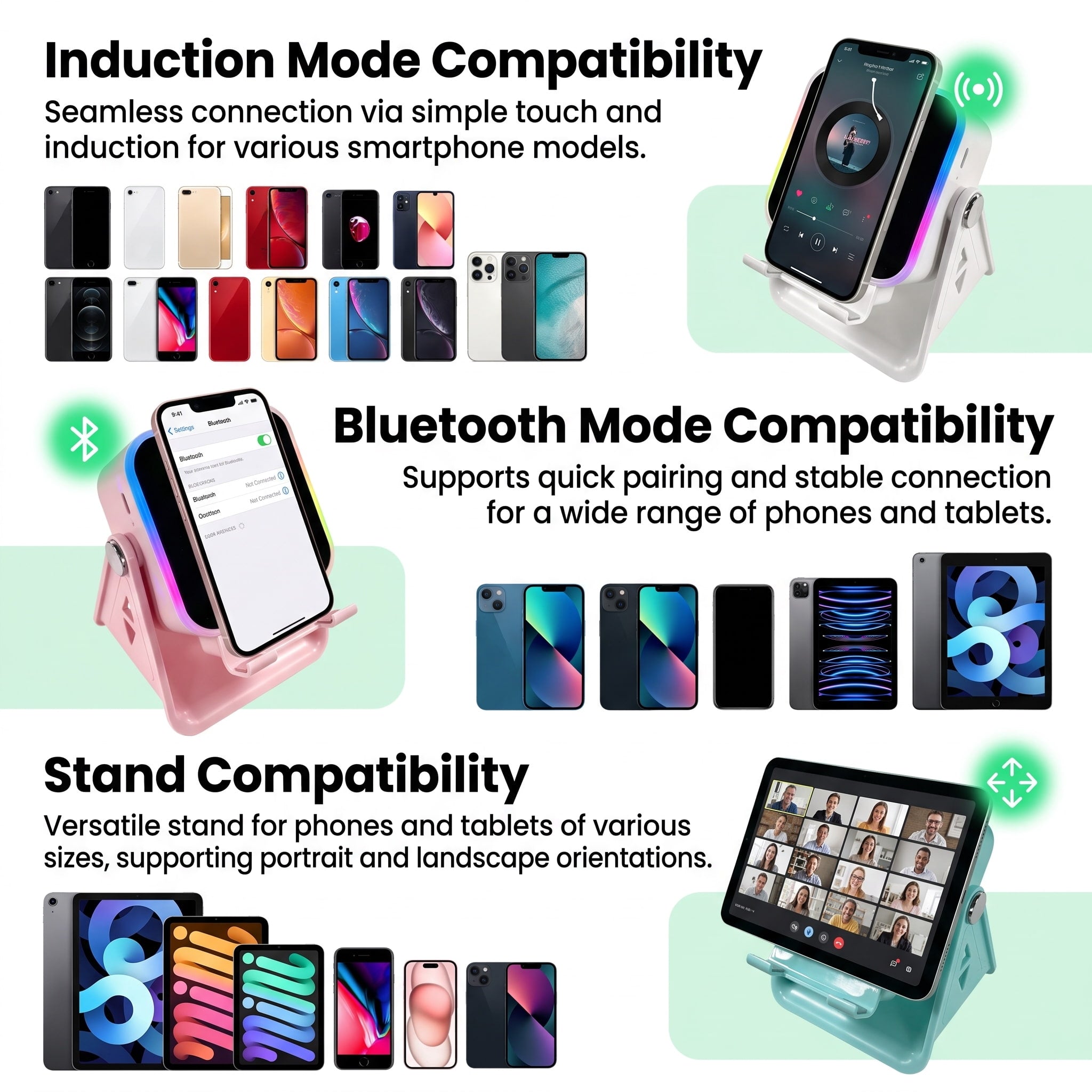 4-in-1 Induction & Bluetooth Speaker with Phone Stand – RGB LED, 360° Rotation, Place & Play