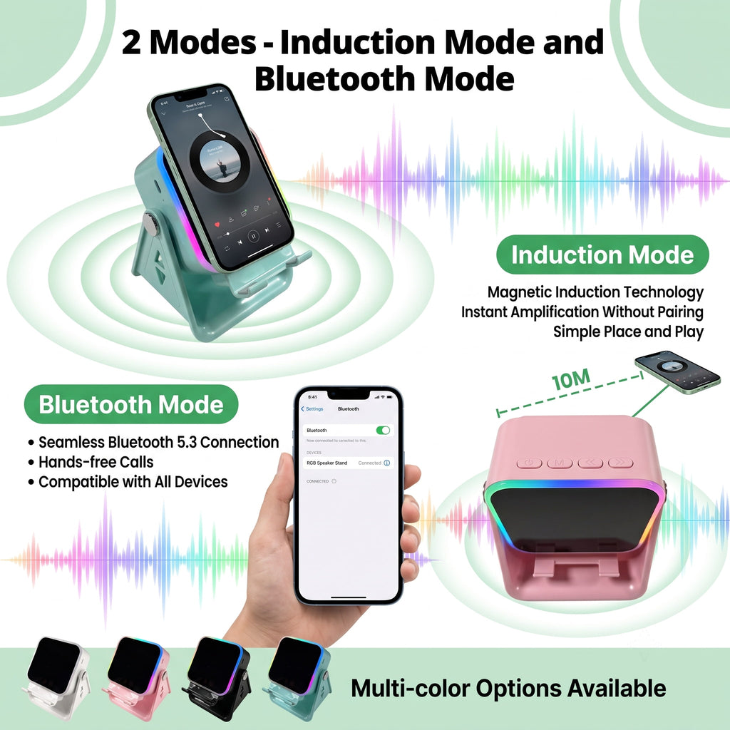 4-in-1 Induction & Bluetooth Speaker with Phone Stand – RGB LED, 360° Rotation, Place & Play