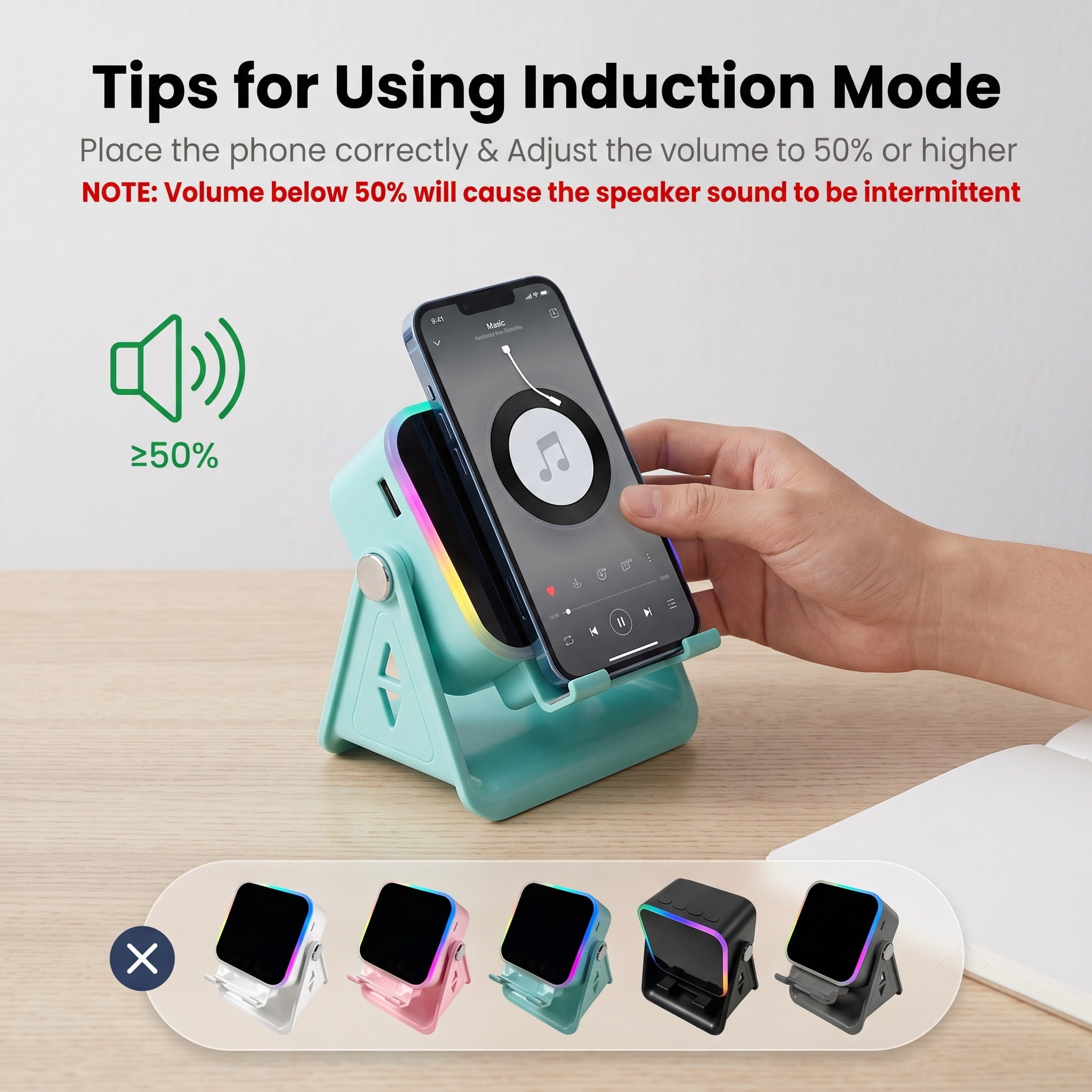 4-in-1 Induction & Bluetooth Speaker with Phone Stand – RGB LED, 360° Rotation, Place & Play