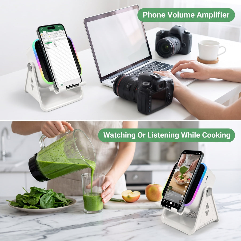 4-in-1 Induction & Bluetooth Speaker with Phone Stand – RGB LED, 360° Rotation, Place & Play