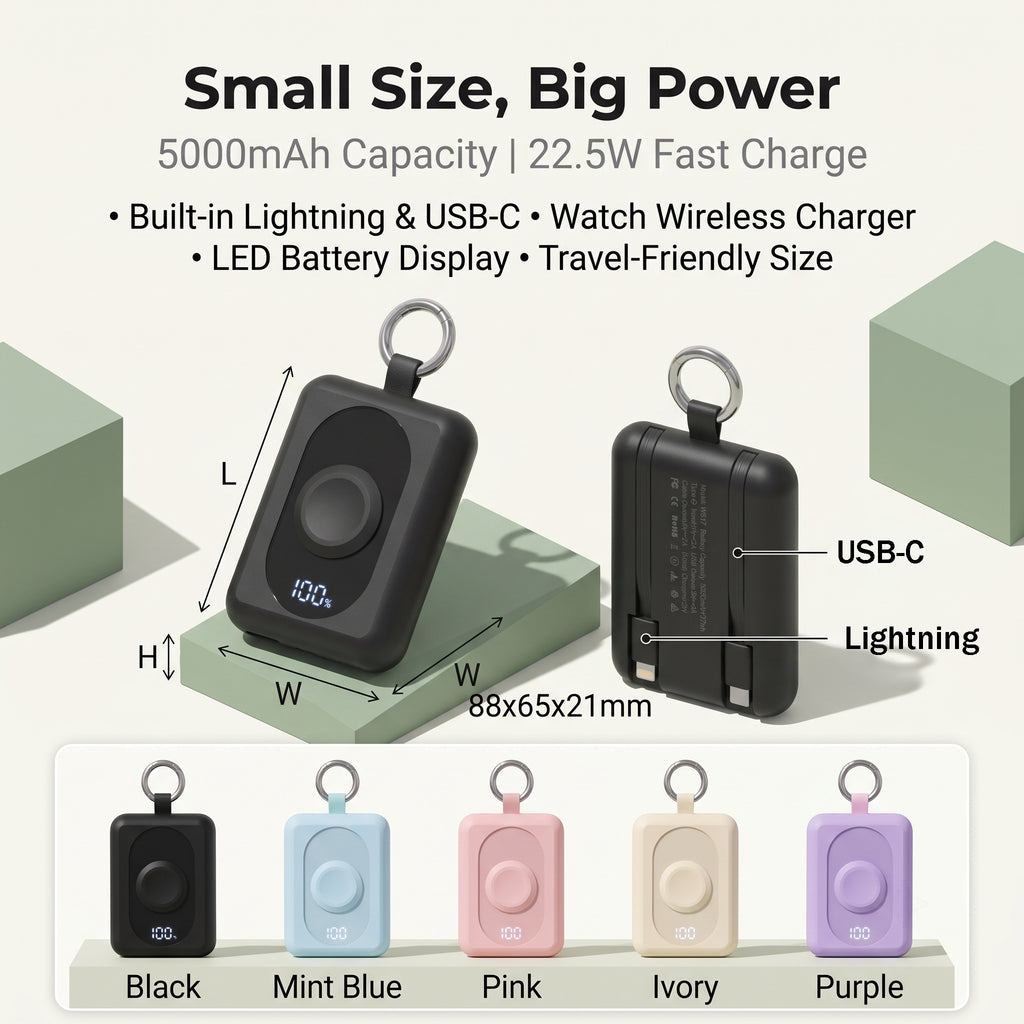 Clip & Go outdoor power bank with MagSafe watch charger and LED display on backpack