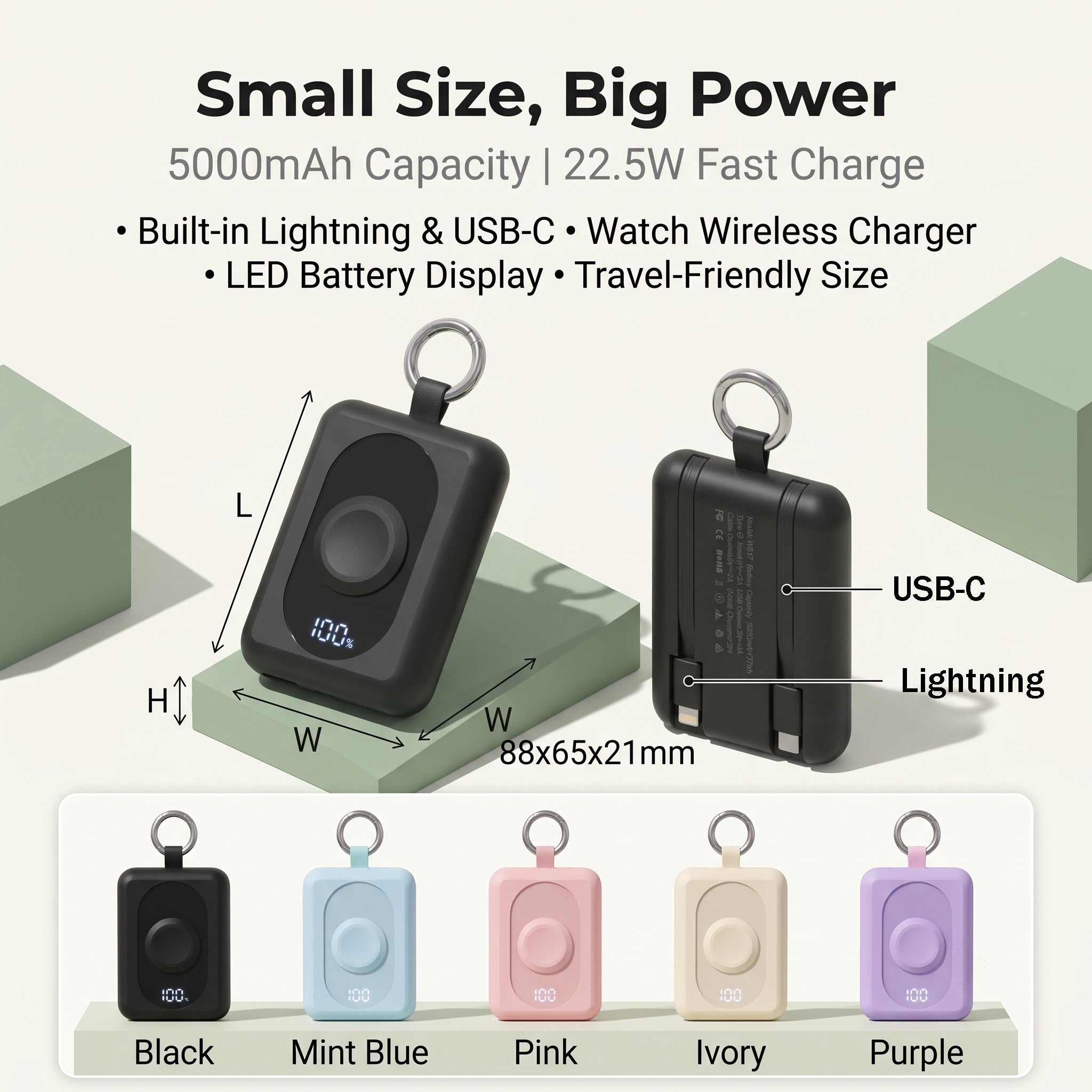Clip & Go outdoor power bank with MagSafe watch charger and LED display on backpack
