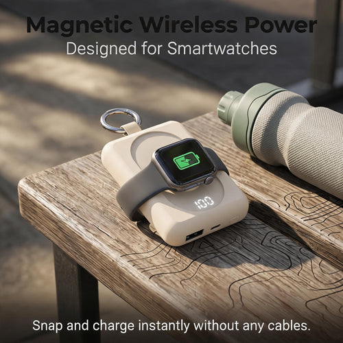 5-in-1 Power Bank with carabiner clip attached to backpack, charging iPhone on the go